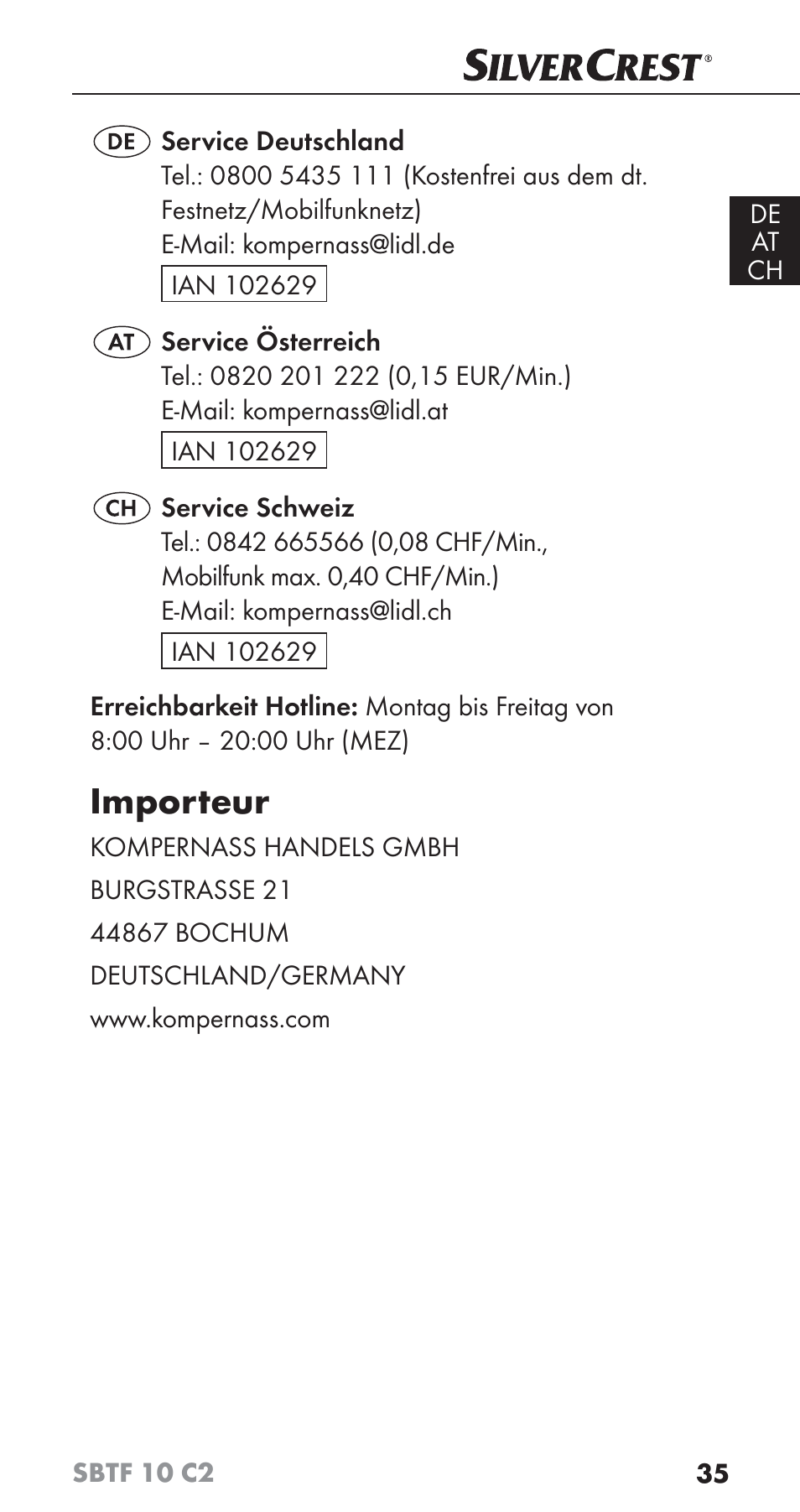 Importeur | Silvercrest SBTF 10 C2 User Manual | Page 38 / 58
