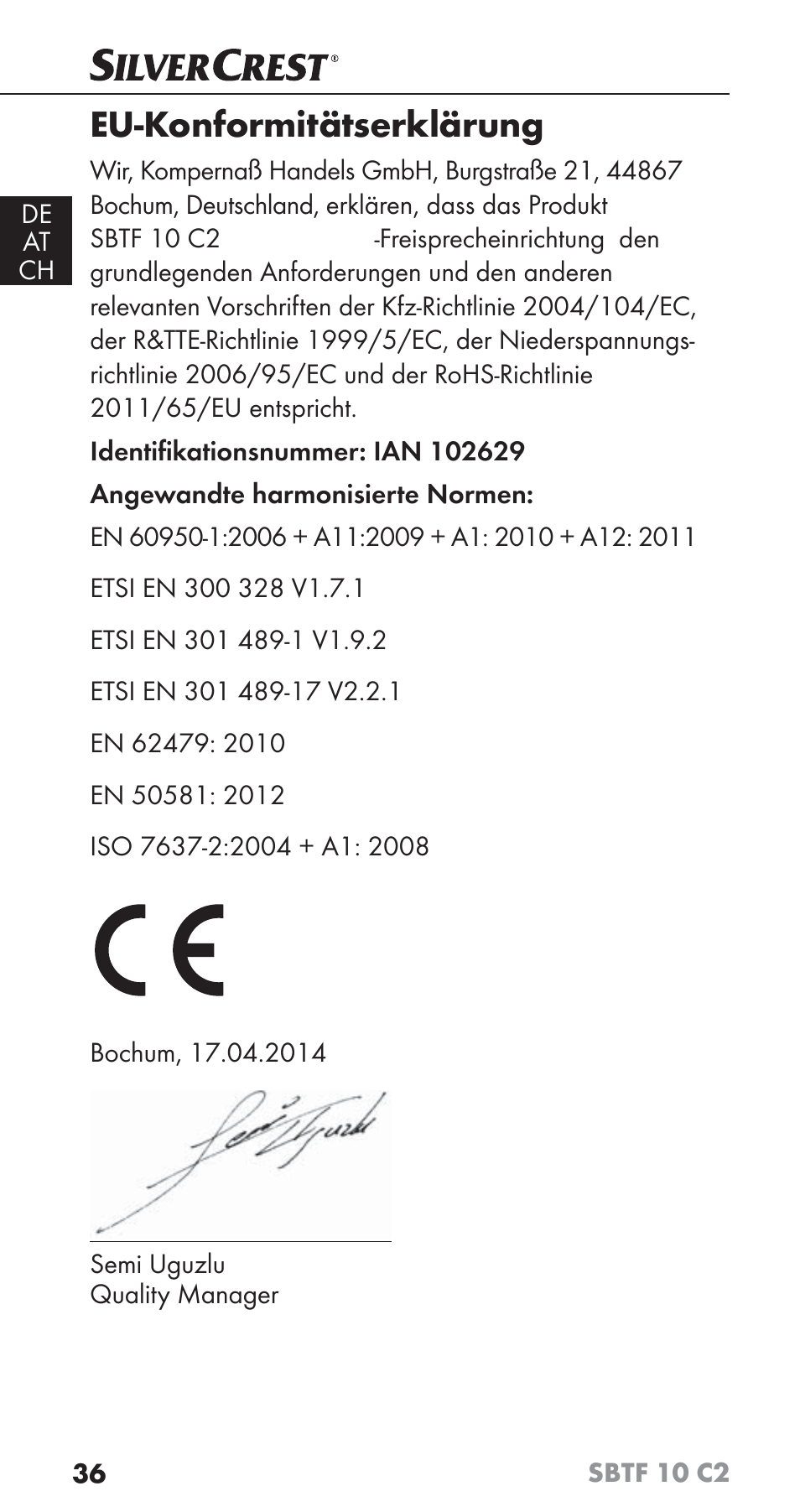 Eu-konformitätserklärung | Silvercrest SBTF 10 C2 User Manual | Page 39 / 58