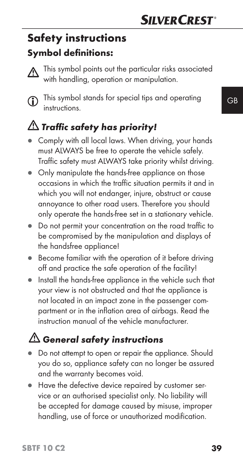 Safety instructions | Silvercrest SBTF 10 C2 User Manual | Page 42 / 58
