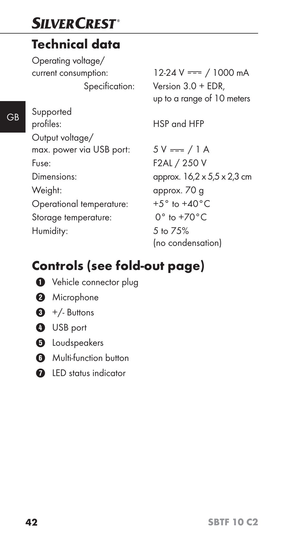 Technical data, Controls (see fold-out page) | Silvercrest SBTF 10 C2 User Manual | Page 45 / 58