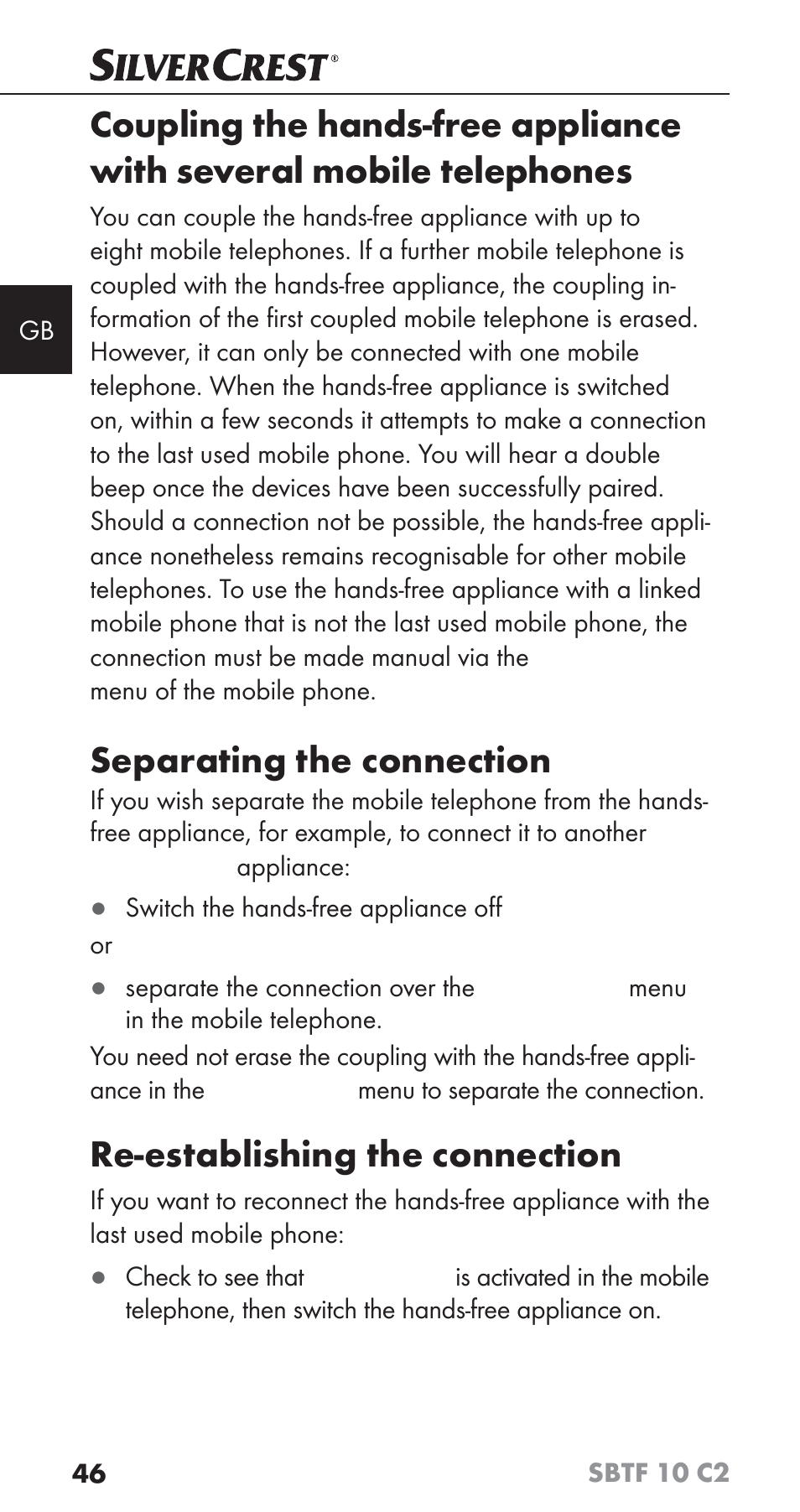 Separating the connection, Re-establishing the connection | Silvercrest SBTF 10 C2 User Manual | Page 49 / 58