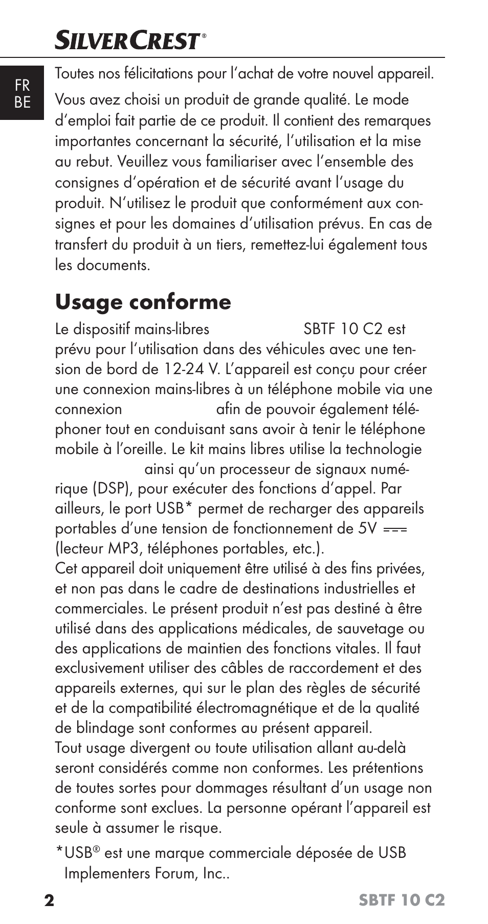 Usage conforme | Silvercrest SBTF 10 C2 User Manual | Page 5 / 58