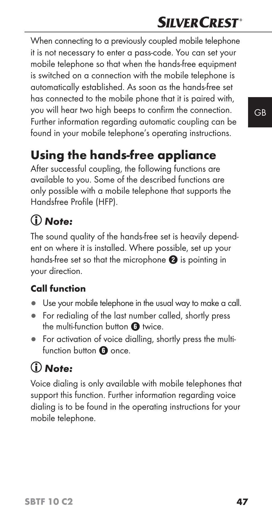 Using the hands-free appliance | Silvercrest SBTF 10 C2 User Manual | Page 50 / 58
