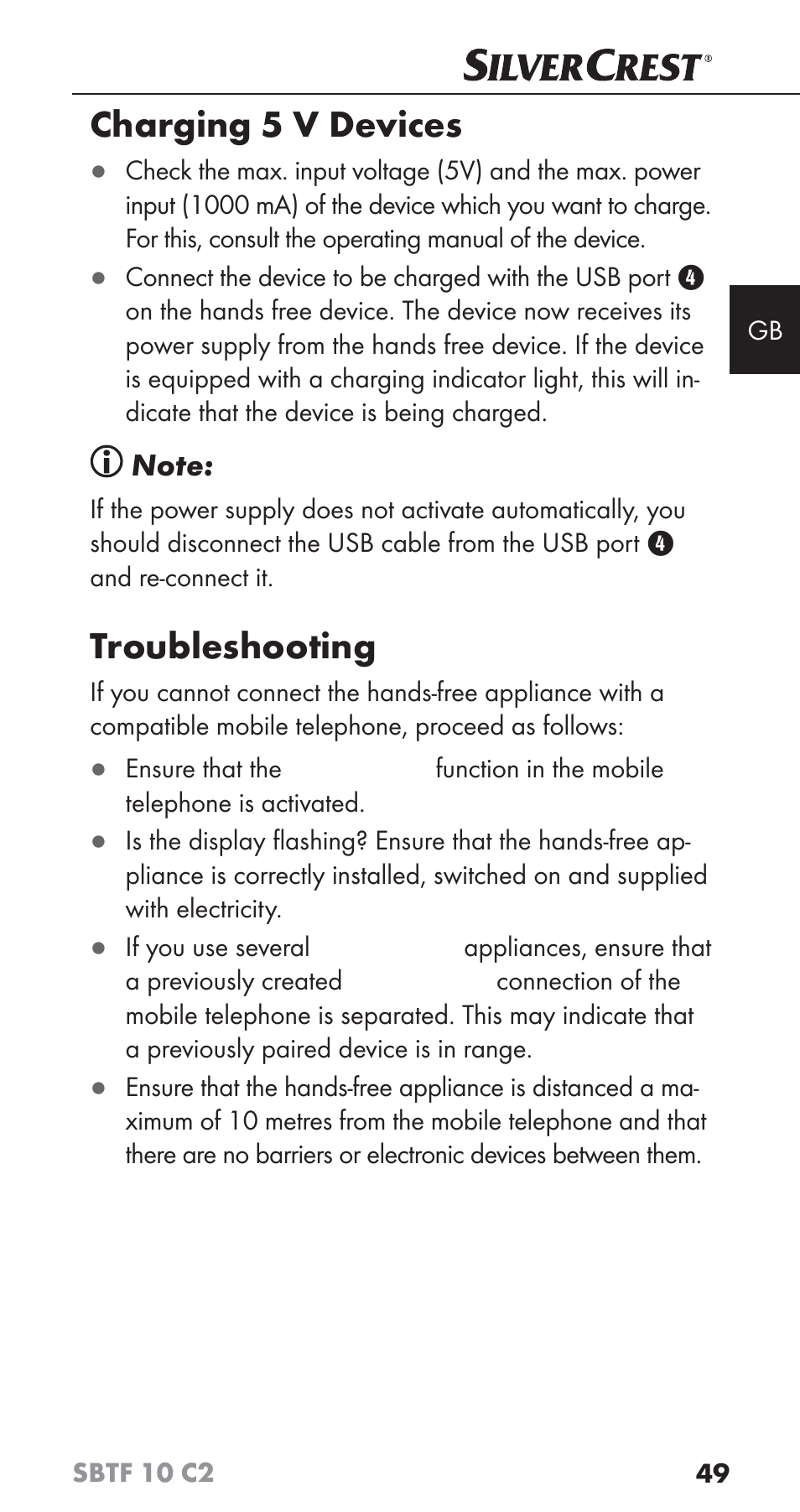 Charging 5 v devices, Troubleshooting | Silvercrest SBTF 10 C2 User Manual | Page 52 / 58