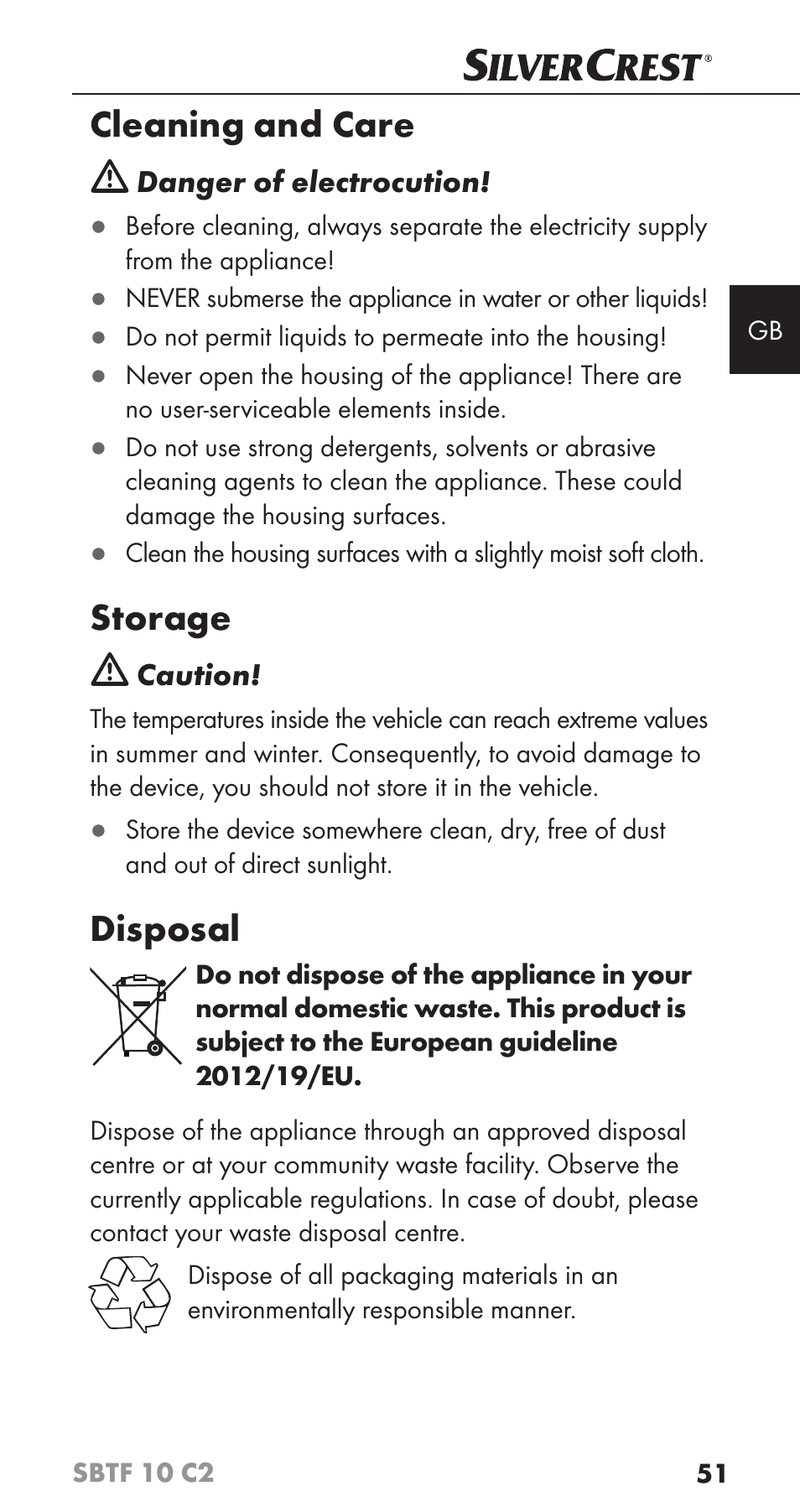 Cleaning and care, Storage, Disposal | Silvercrest SBTF 10 C2 User Manual | Page 54 / 58