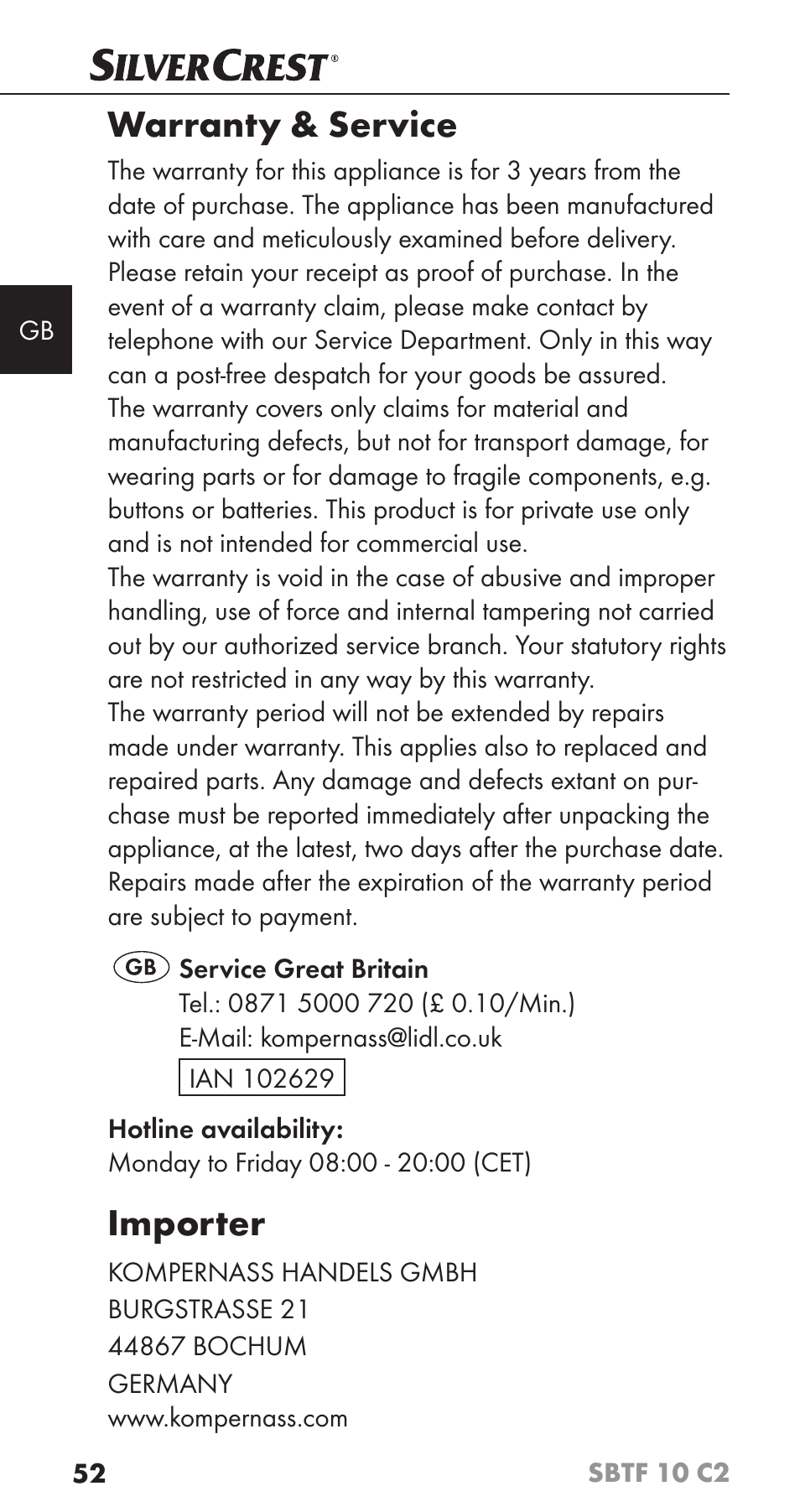Warranty & service, Importer | Silvercrest SBTF 10 C2 User Manual | Page 55 / 58