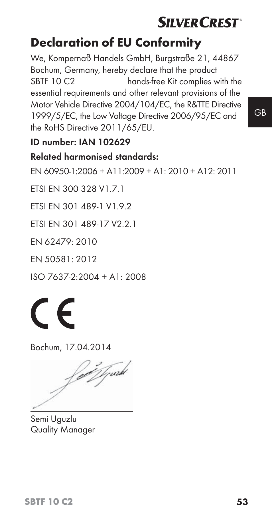 Declaration of eu conformity | Silvercrest SBTF 10 C2 User Manual | Page 56 / 58