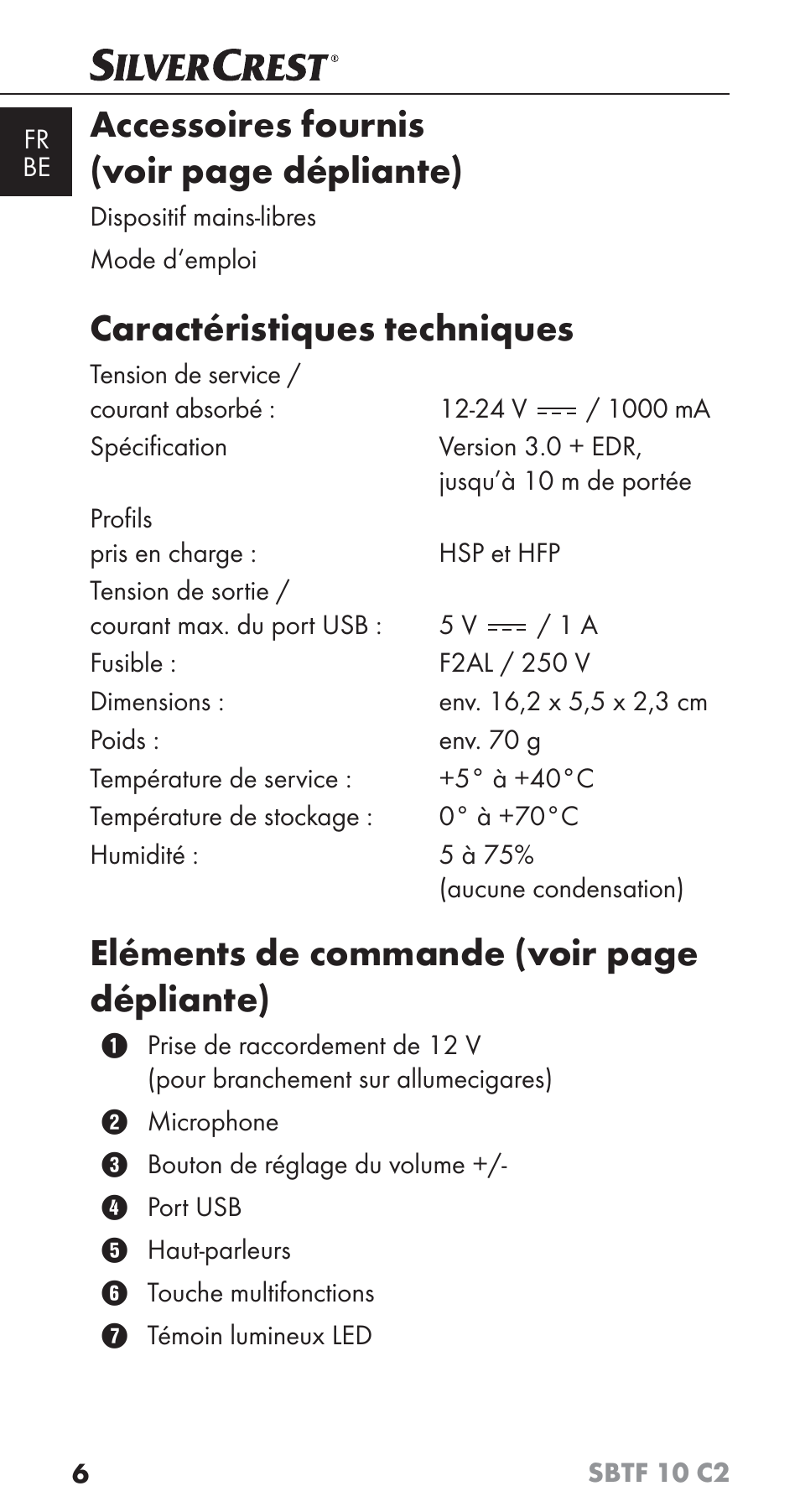 Accessoires fournis (voir page dépliante), Caractéristiques techniques, Eléments de commande (voir page dépliante) | Silvercrest SBTF 10 C2 User Manual | Page 9 / 58