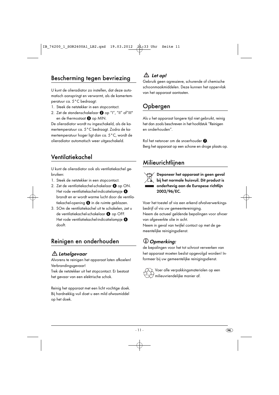 Bescherming tegen bevriezing, Ventilatiekachel, Reinigen en onderhouden | Opbergen, Milieurichtlijnen | Silvercrest SOR 2600 A1 User Manual | Page 13 / 26