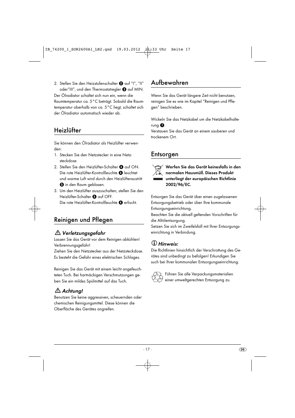 Heizlüfter, Reinigen und pflegen, Aufbewahren | Entsorgen | Silvercrest SOR 2600 A1 User Manual | Page 19 / 26