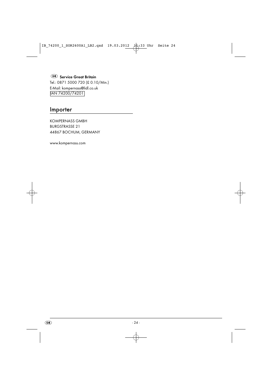 Importer | Silvercrest SOR 2600 A1 User Manual | Page 26 / 26