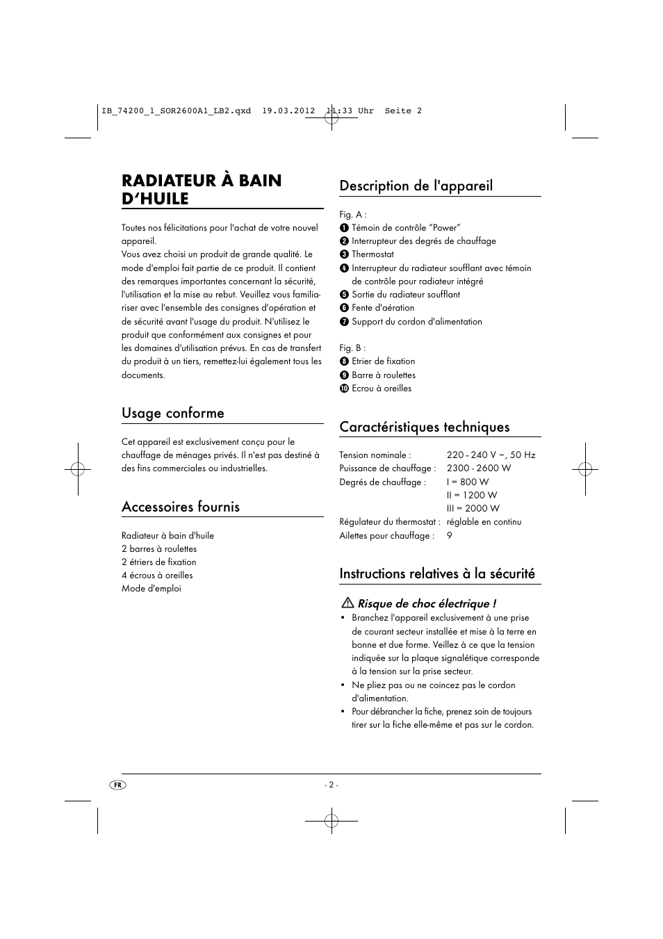 Radiateur à bain d‘huile, Usage conforme, Accessoires fournis | Description de l'appareil, Caractéristiques techniques, Instructions relatives à la sécurité | Silvercrest SOR 2600 A1 User Manual | Page 4 / 26