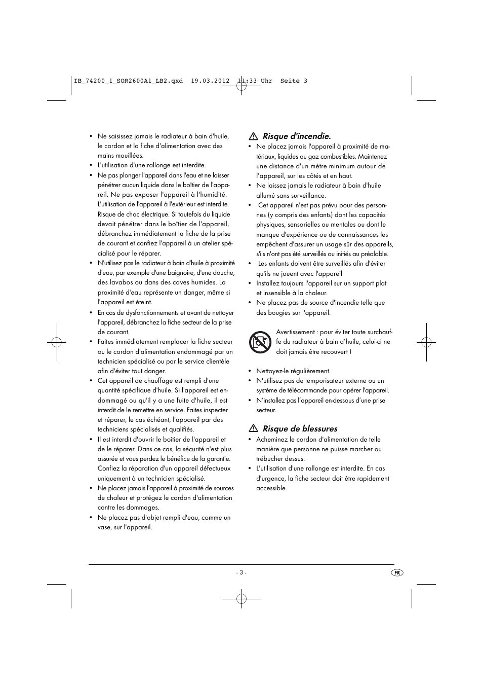 Risque d'incendie, Risque de blessures | Silvercrest SOR 2600 A1 User Manual | Page 5 / 26