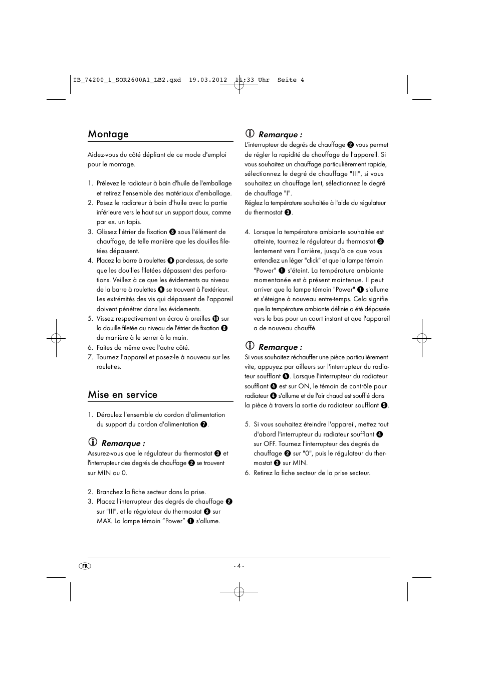 Montage, Mise en service, Remarque | Silvercrest SOR 2600 A1 User Manual | Page 6 / 26