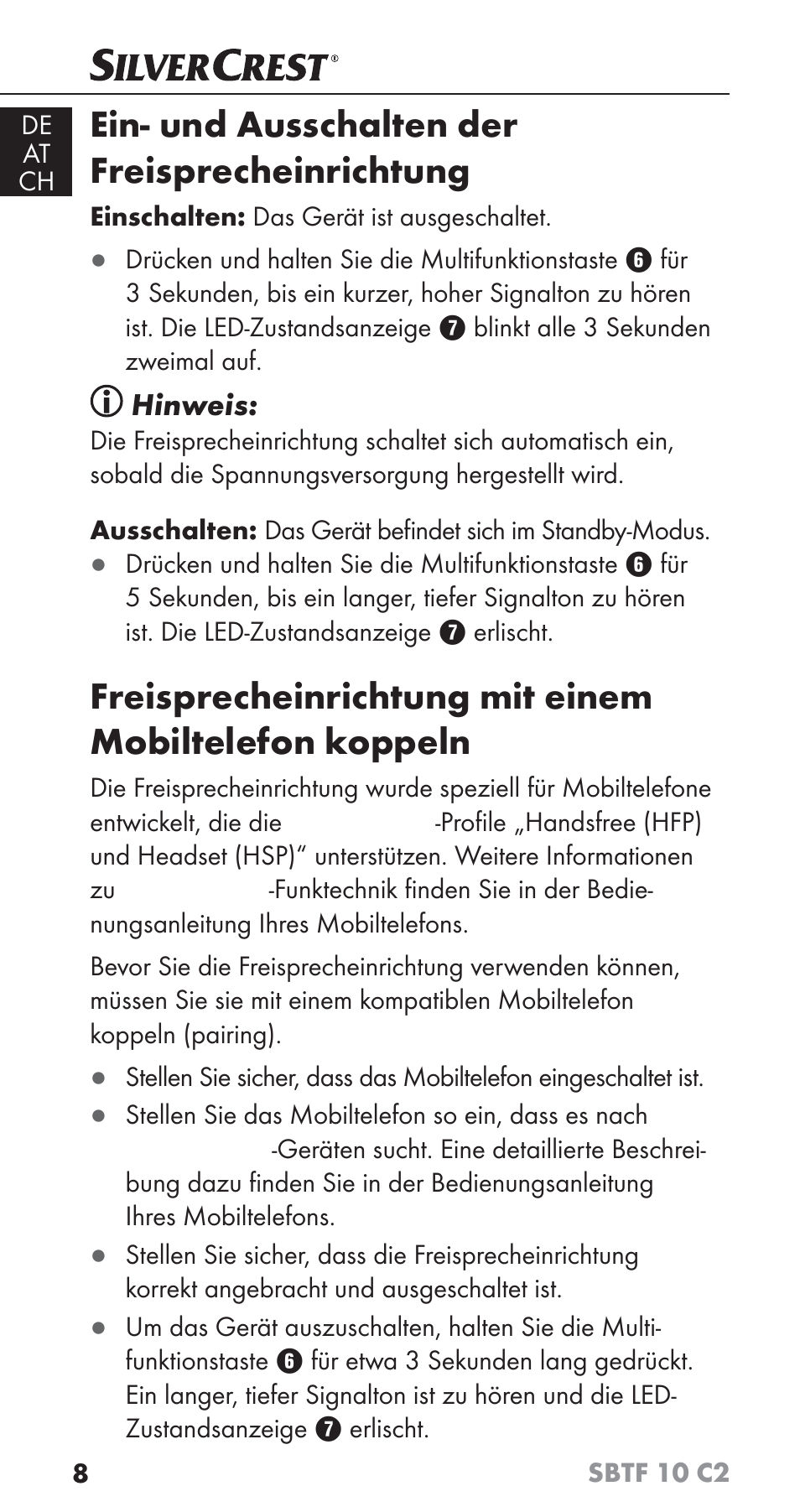 Ein- und ausschalten der freisprecheinrichtung, Hinweis | Silvercrest SBTF 10 C2 User Manual | Page 11 / 76