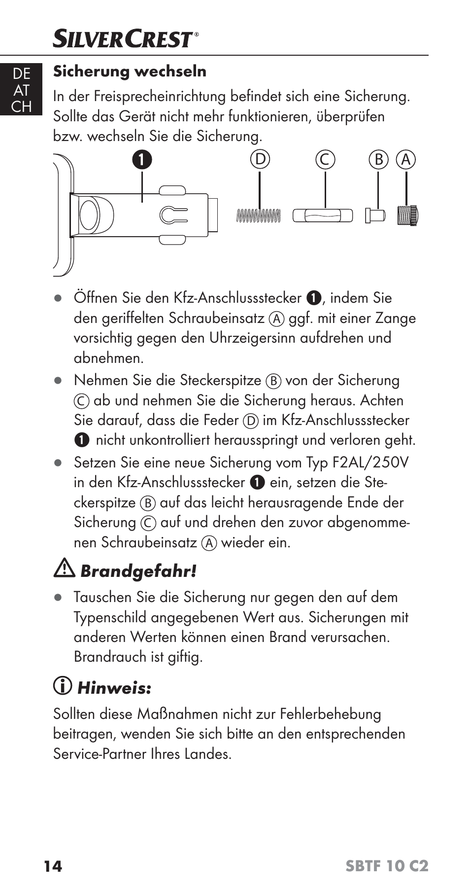 Brandgefahr, Hinweis | Silvercrest SBTF 10 C2 User Manual | Page 17 / 76