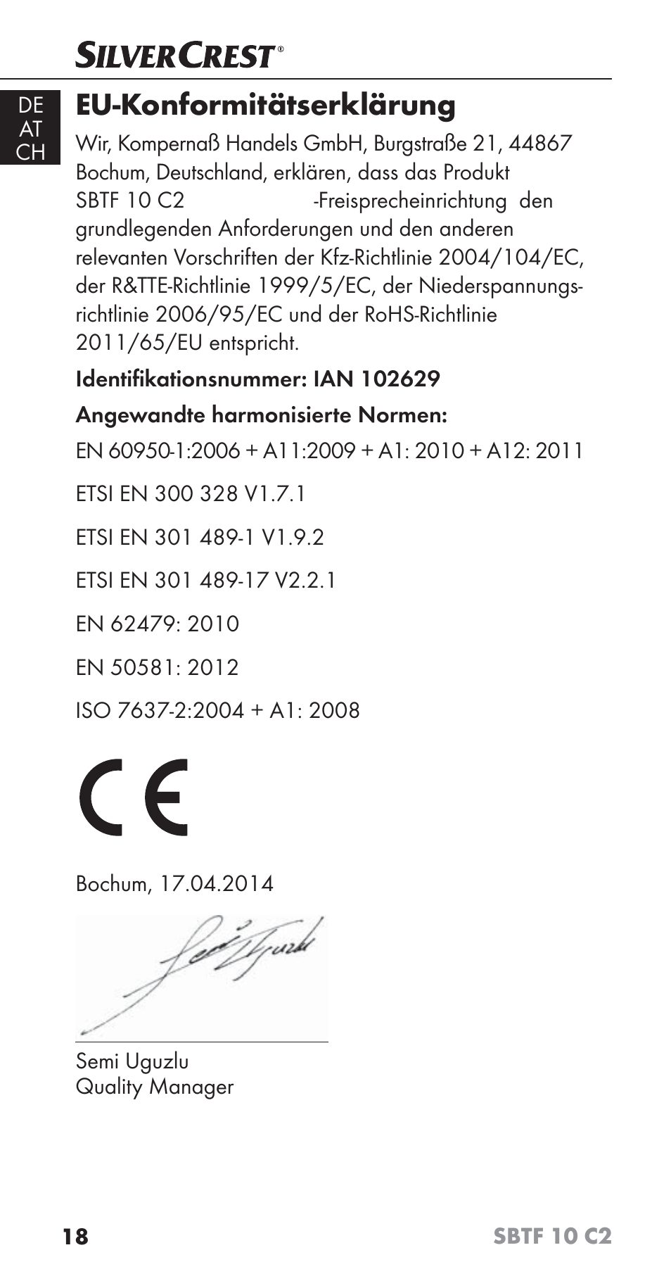 Eu-konformitätserklärung | Silvercrest SBTF 10 C2 User Manual | Page 21 / 76