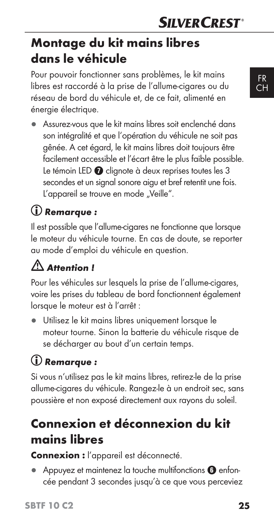 Montage du kit mains libres dans le véhicule, Connexion et déconnexion du kit mains libres | Silvercrest SBTF 10 C2 User Manual | Page 28 / 76