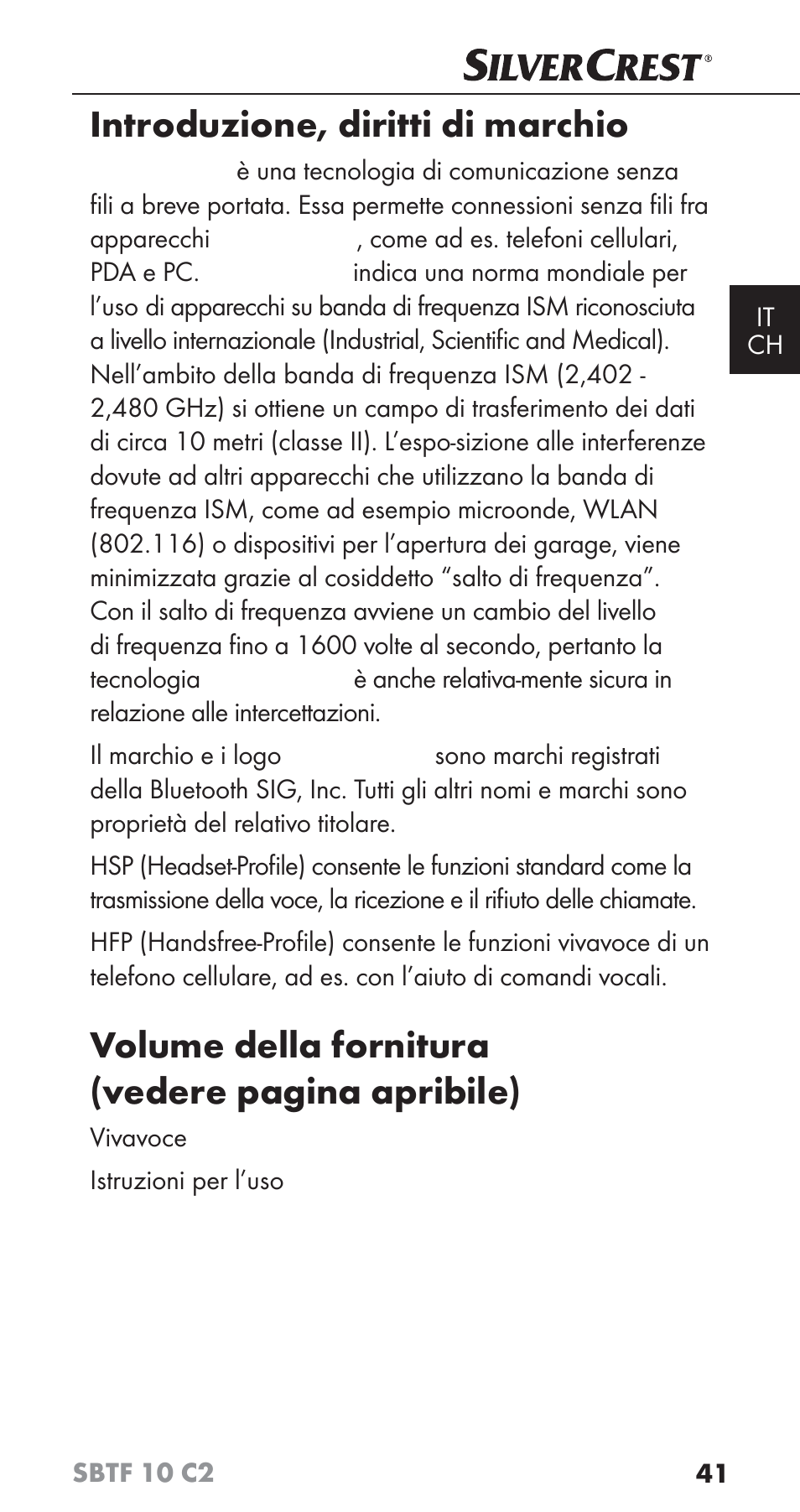 Introduzione, diritti di marchio, Volume della fornitura (vedere pagina apribile) | Silvercrest SBTF 10 C2 User Manual | Page 44 / 76