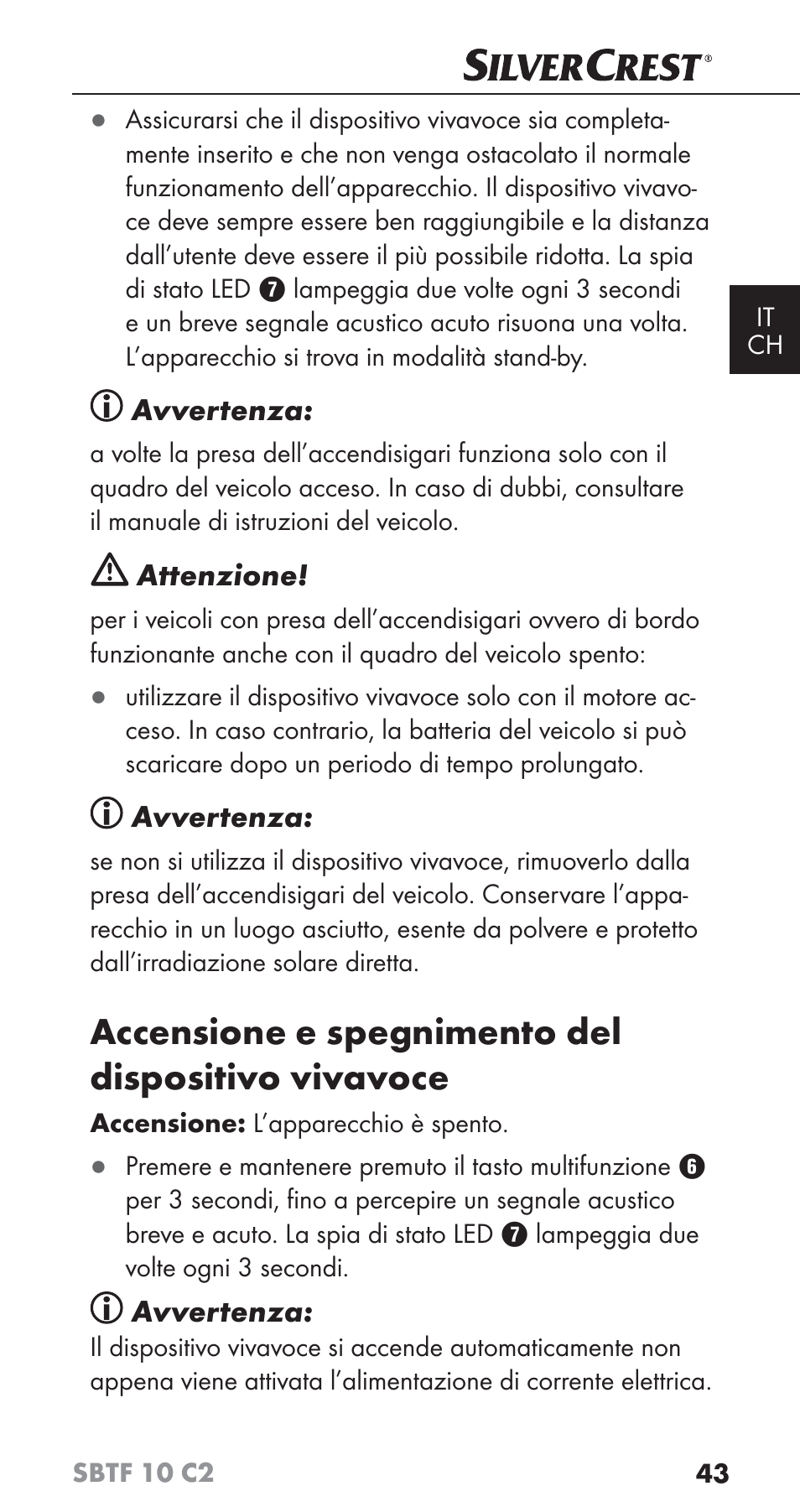 Accensione e spegnimento del dispositivo vivavoce | Silvercrest SBTF 10 C2 User Manual | Page 46 / 76