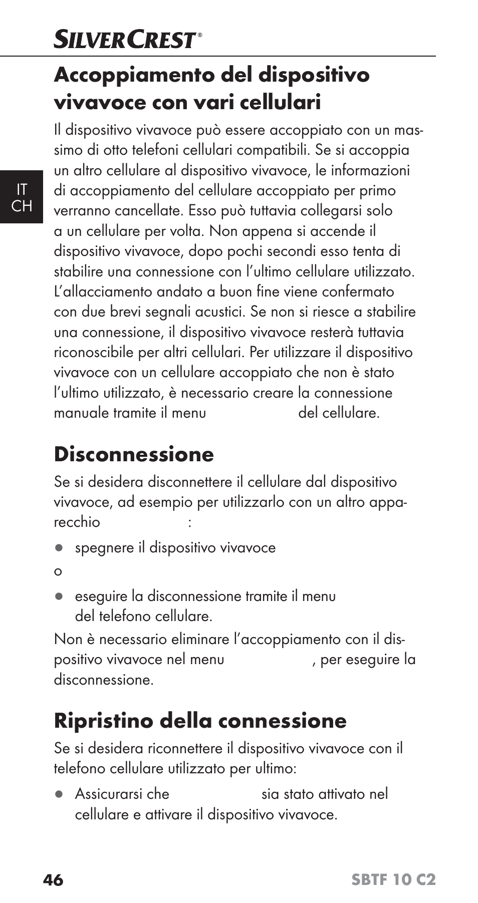 Disconnessione, Ripristino della connessione | Silvercrest SBTF 10 C2 User Manual | Page 49 / 76