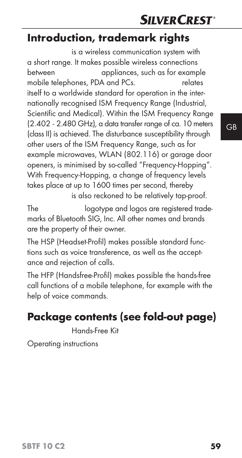 Introduction, trademark rights, Package contents (see fold-out page) | Silvercrest SBTF 10 C2 User Manual | Page 62 / 76