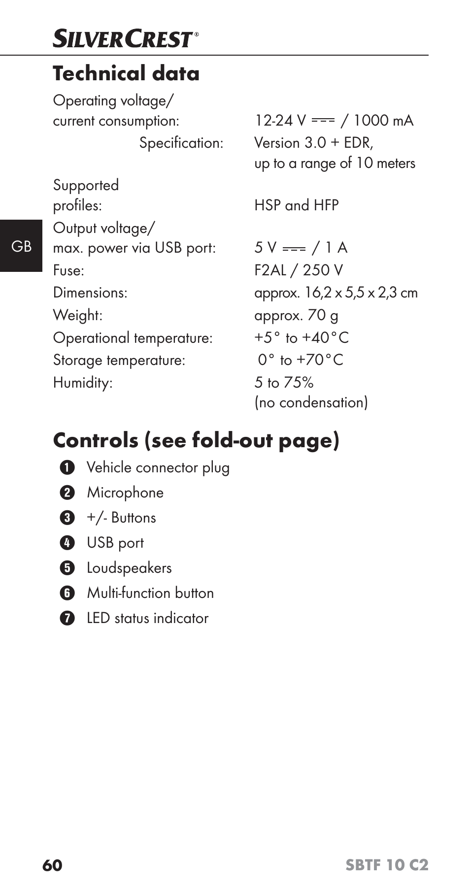 Technical data, Controls (see fold-out page) | Silvercrest SBTF 10 C2 User Manual | Page 63 / 76