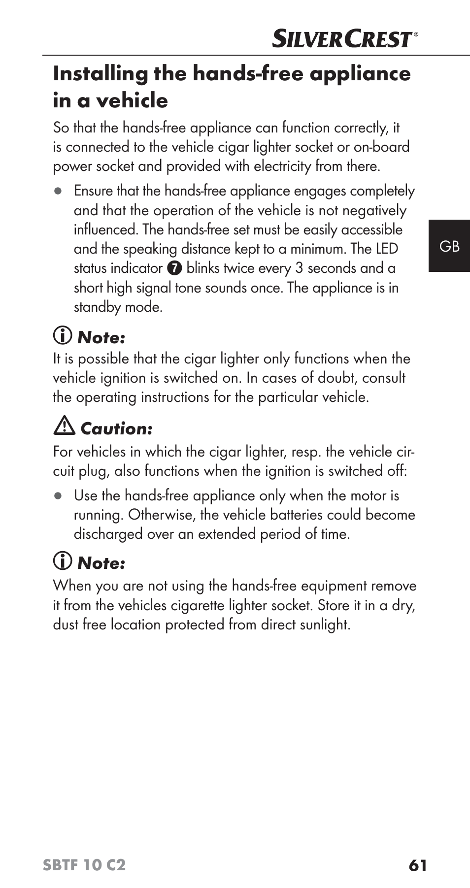 Installing the hands-free appliance in a vehicle | Silvercrest SBTF 10 C2 User Manual | Page 64 / 76