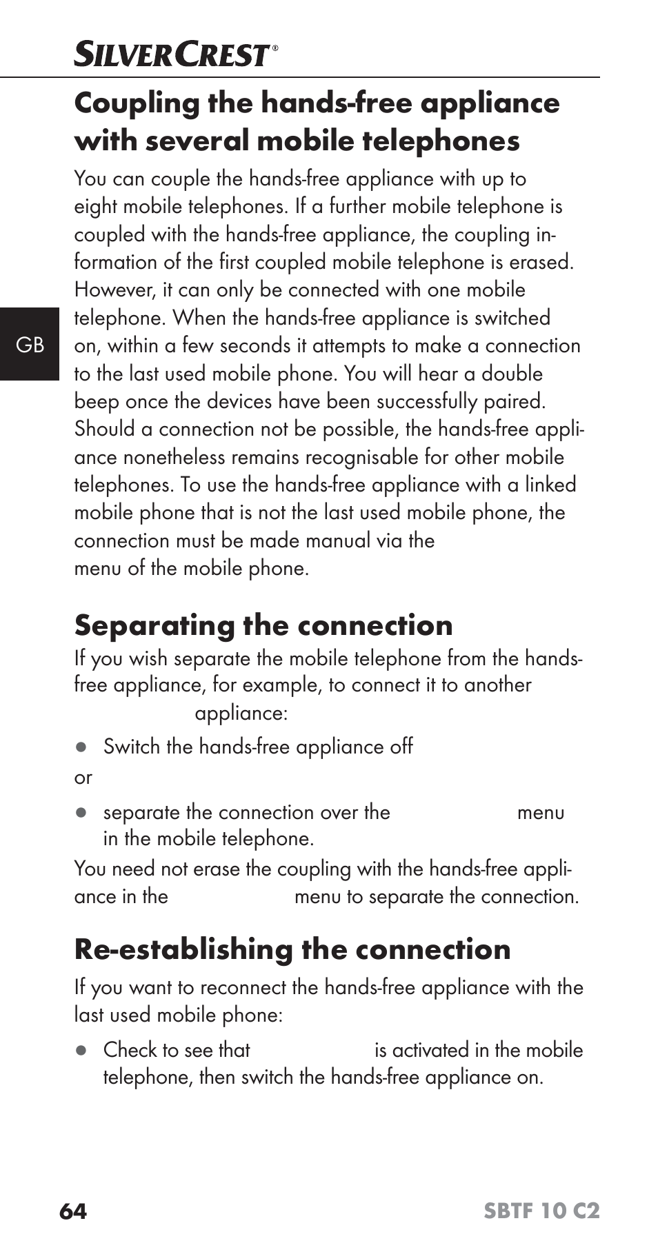 Separating the connection, Re-establishing the connection | Silvercrest SBTF 10 C2 User Manual | Page 67 / 76