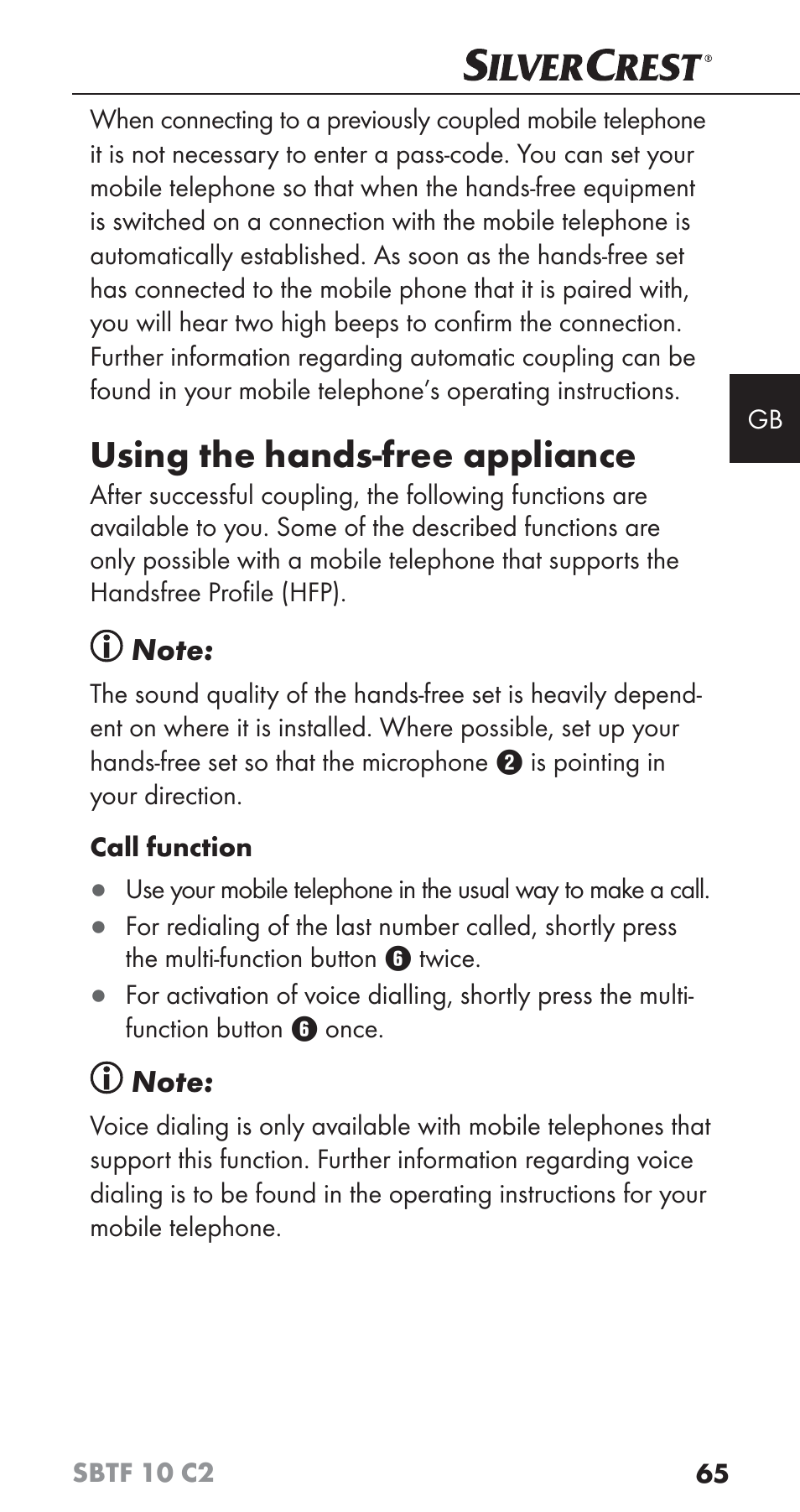 Using the hands-free appliance | Silvercrest SBTF 10 C2 User Manual | Page 68 / 76