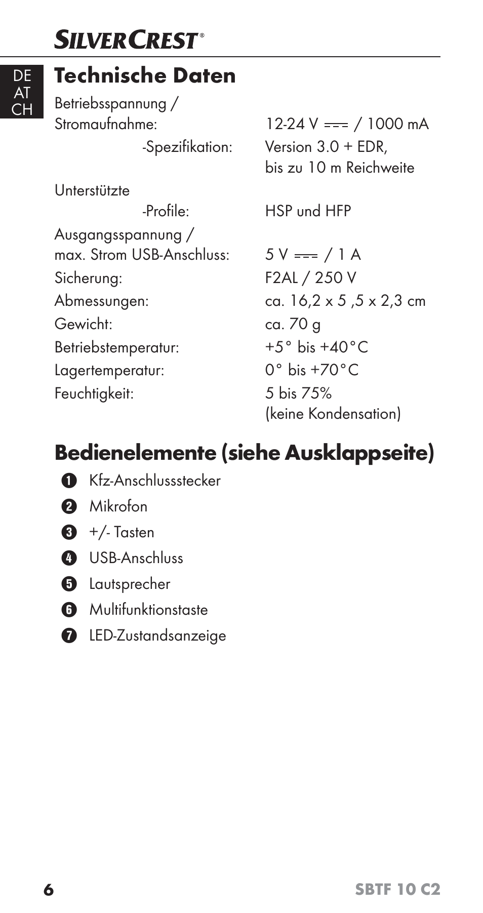 Technische daten, Bedienelemente (siehe ausklappseite) | Silvercrest SBTF 10 C2 User Manual | Page 9 / 76
