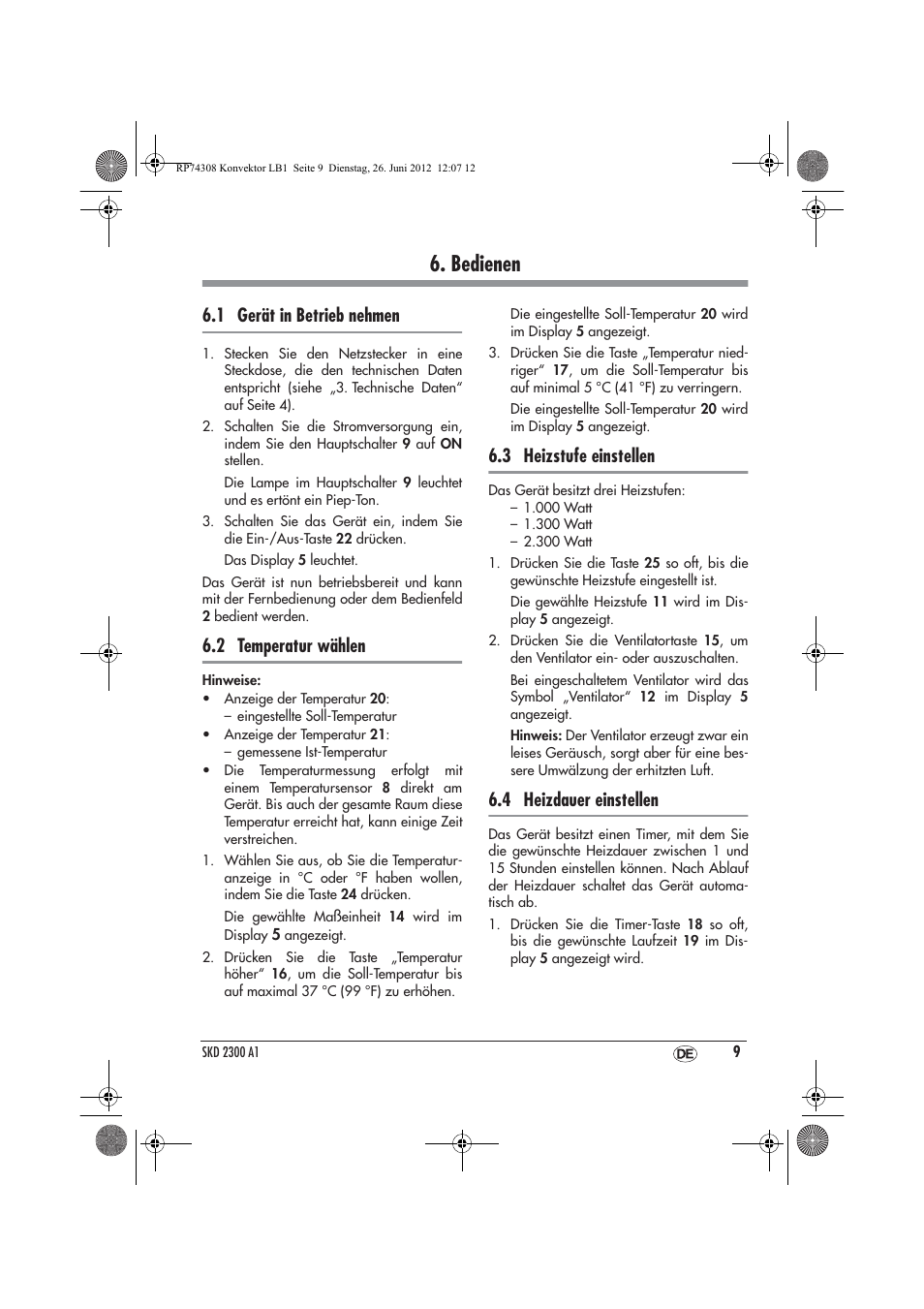 Bedienen, 1 gerät in betrieb nehmen, 2 temperatur wählen | 3 heizstufe einstellen, 4 heizdauer einstellen | Silvercrest SKD 2300 A1 User Manual | Page 11 / 62