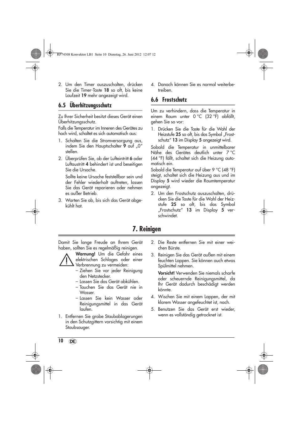 Reinigen, 5 überhitzungsschutz, 6 frostschutz | Silvercrest SKD 2300 A1 User Manual | Page 12 / 62