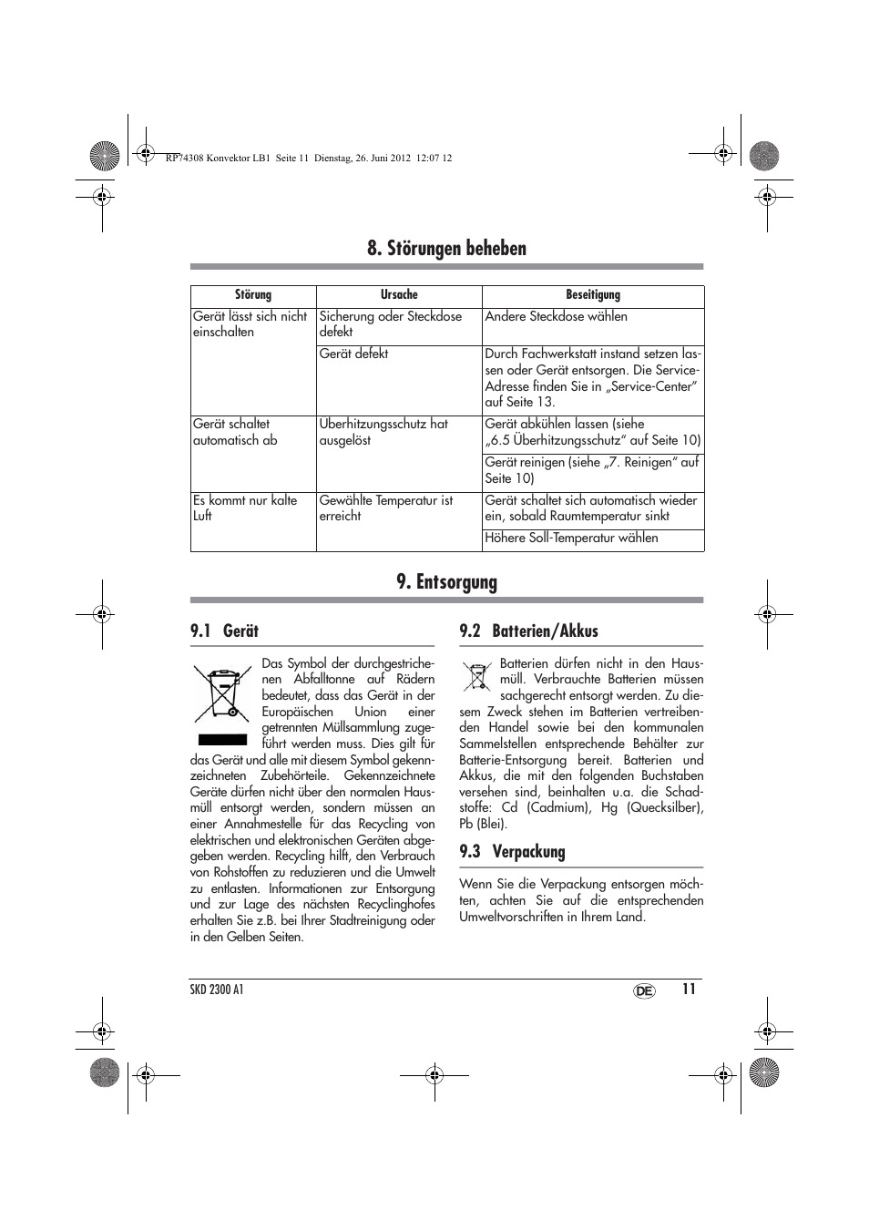 Störungen beheben 9. entsorgung, 1 gerät, 2 batterien/akkus | 3 verpackung | Silvercrest SKD 2300 A1 User Manual | Page 13 / 62