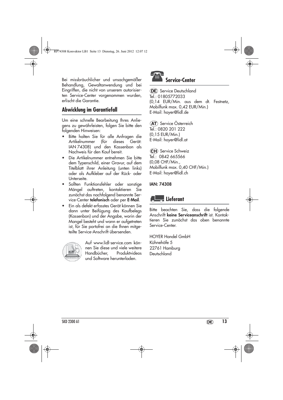 Abwicklung im garantiefall, Service-center, Lieferant | Silvercrest SKD 2300 A1 User Manual | Page 15 / 62