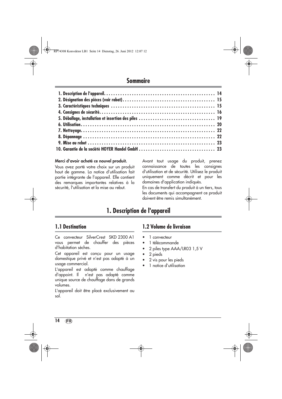 Sommaire, Description de l'appareil | Silvercrest SKD 2300 A1 User Manual | Page 16 / 62