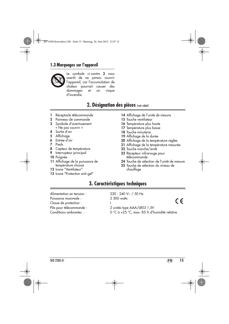 Désignation des pièces, Caractéristiques techniques, 3 marquages sur l'appareil | Silvercrest SKD 2300 A1 User Manual | Page 17 / 62