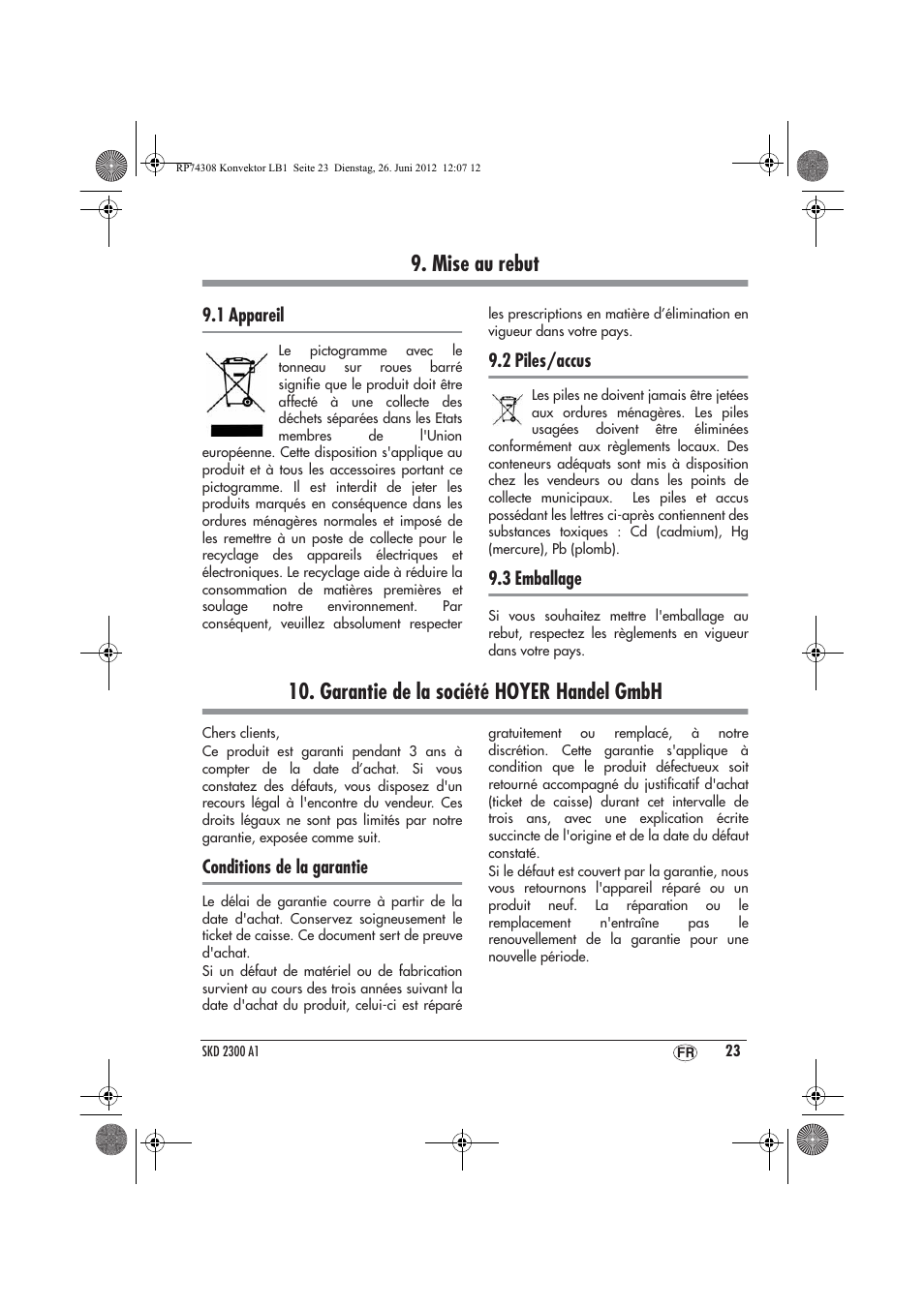Mise au rebut, Garantie de la société hoyer handel gmbh | Silvercrest SKD 2300 A1 User Manual | Page 25 / 62