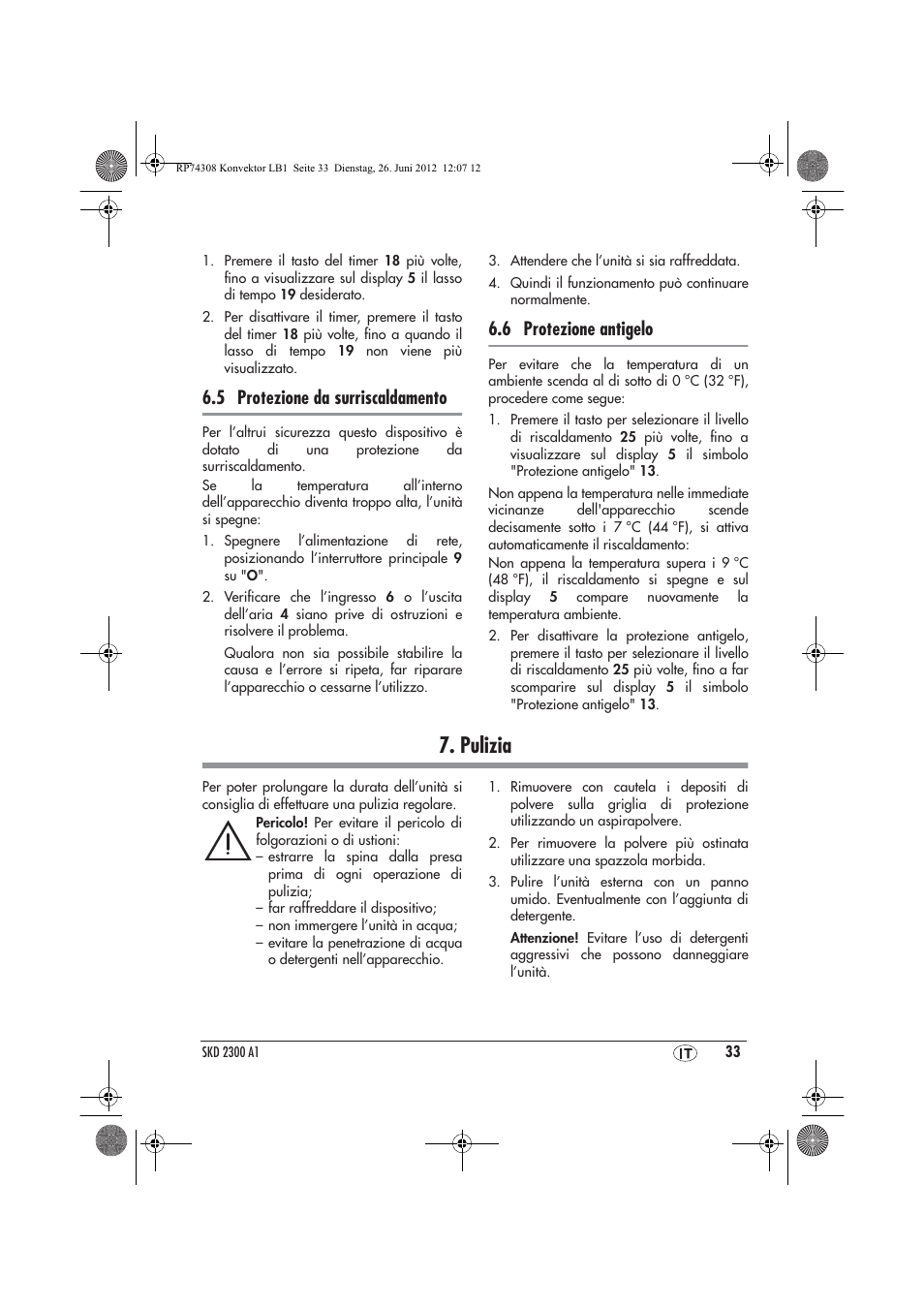 Pulizia, 5 protezione da surriscaldamento, 6 protezione antigelo | Silvercrest SKD 2300 A1 User Manual | Page 35 / 62