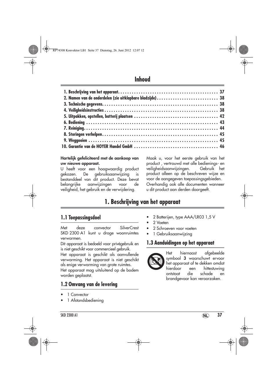 Inhoud, Beschrijving van het apparaat | Silvercrest SKD 2300 A1 User Manual | Page 39 / 62