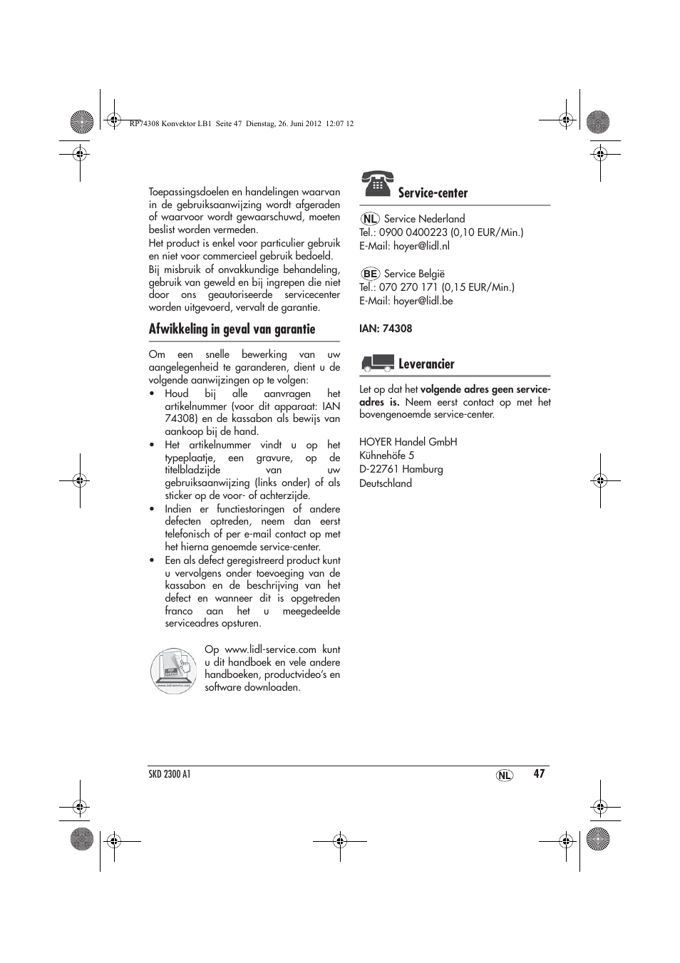 Afwikkeling in geval van garantie, Service-center, Leverancier | Silvercrest SKD 2300 A1 User Manual | Page 49 / 62