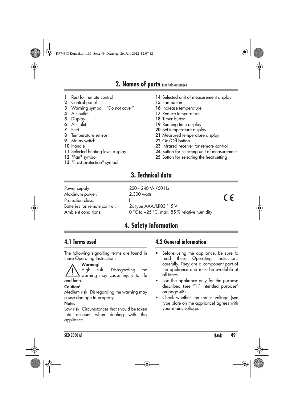 Names of parts, Technical data, Safety information | 1 terms used, 2 general information | Silvercrest SKD 2300 A1 User Manual | Page 51 / 62