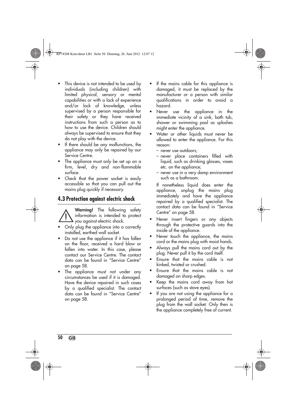 3 protection against electric shock | Silvercrest SKD 2300 A1 User Manual | Page 52 / 62