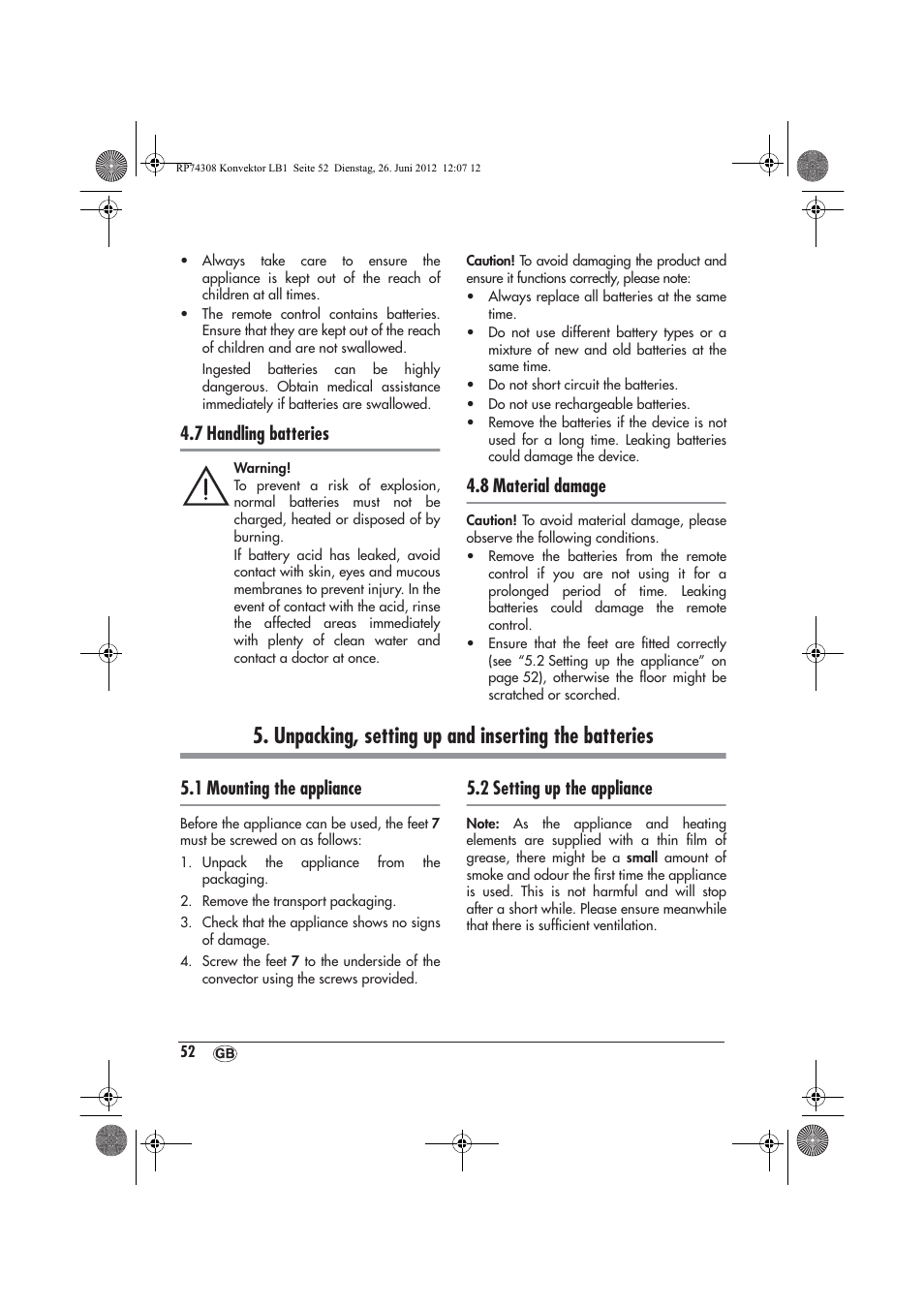 Unpacking, setting up and inserting the batteries, 7 handling batteries, 8 material damage | 1 mounting the appliance, 2 setting up the appliance | Silvercrest SKD 2300 A1 User Manual | Page 54 / 62