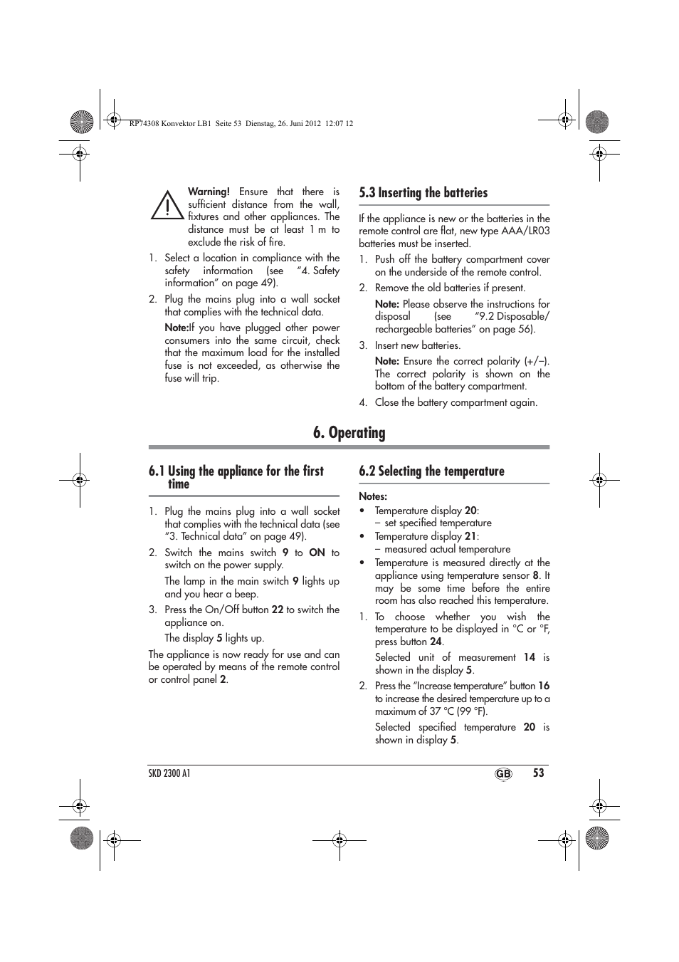 Operating, 3 inserting the batteries, 1 using the appliance for the ﬁrst time | 2 selecting the temperature | Silvercrest SKD 2300 A1 User Manual | Page 55 / 62