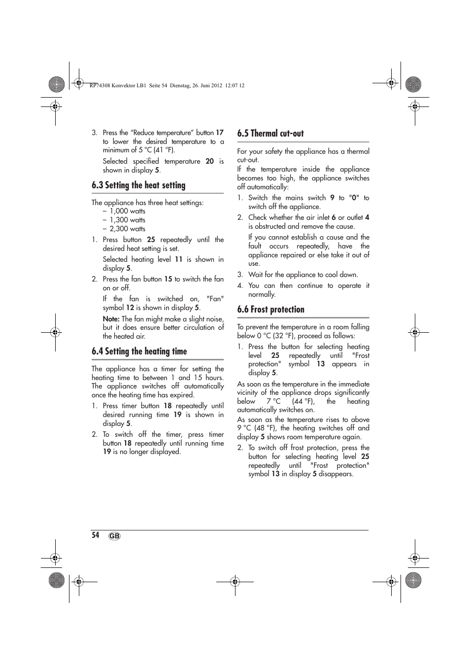 3 setting the heat setting, 4 setting the heating time, 5 thermal cut-out | 6 frost protection | Silvercrest SKD 2300 A1 User Manual | Page 56 / 62