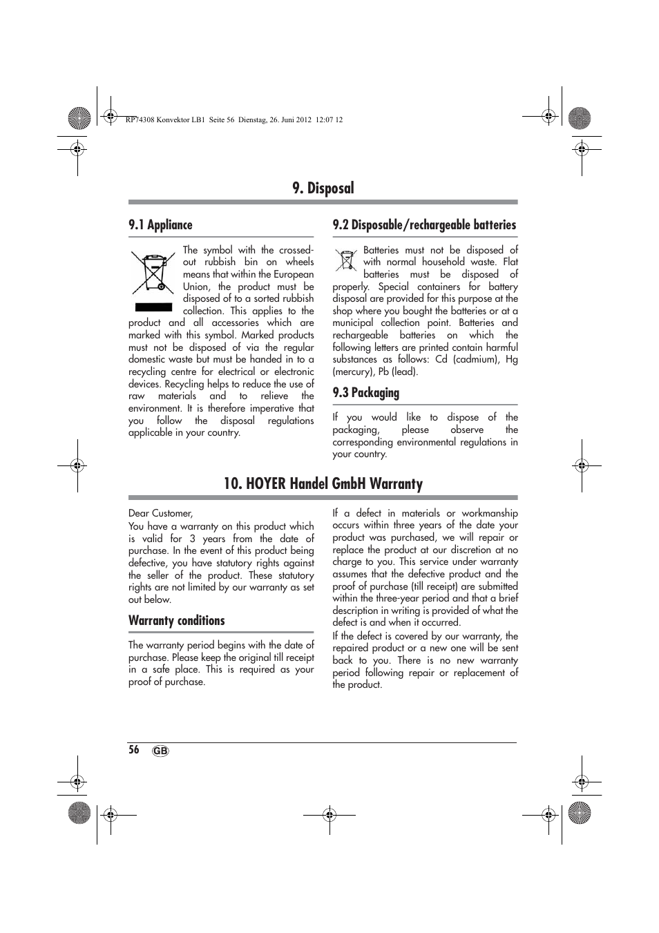 Disposal, Hoyer handel gmbh warranty | Silvercrest SKD 2300 A1 User Manual | Page 58 / 62