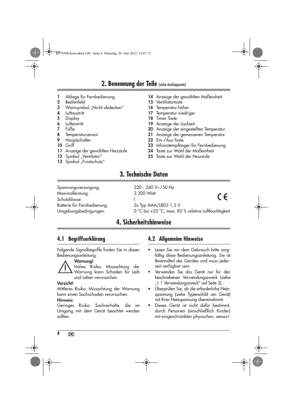 Benennung der teile, Technische daten, Sicherheitshinweise | 1 begriffserklärung, 2 allgemeine hinweise | Silvercrest SKD 2300 A1 User Manual | Page 6 / 62