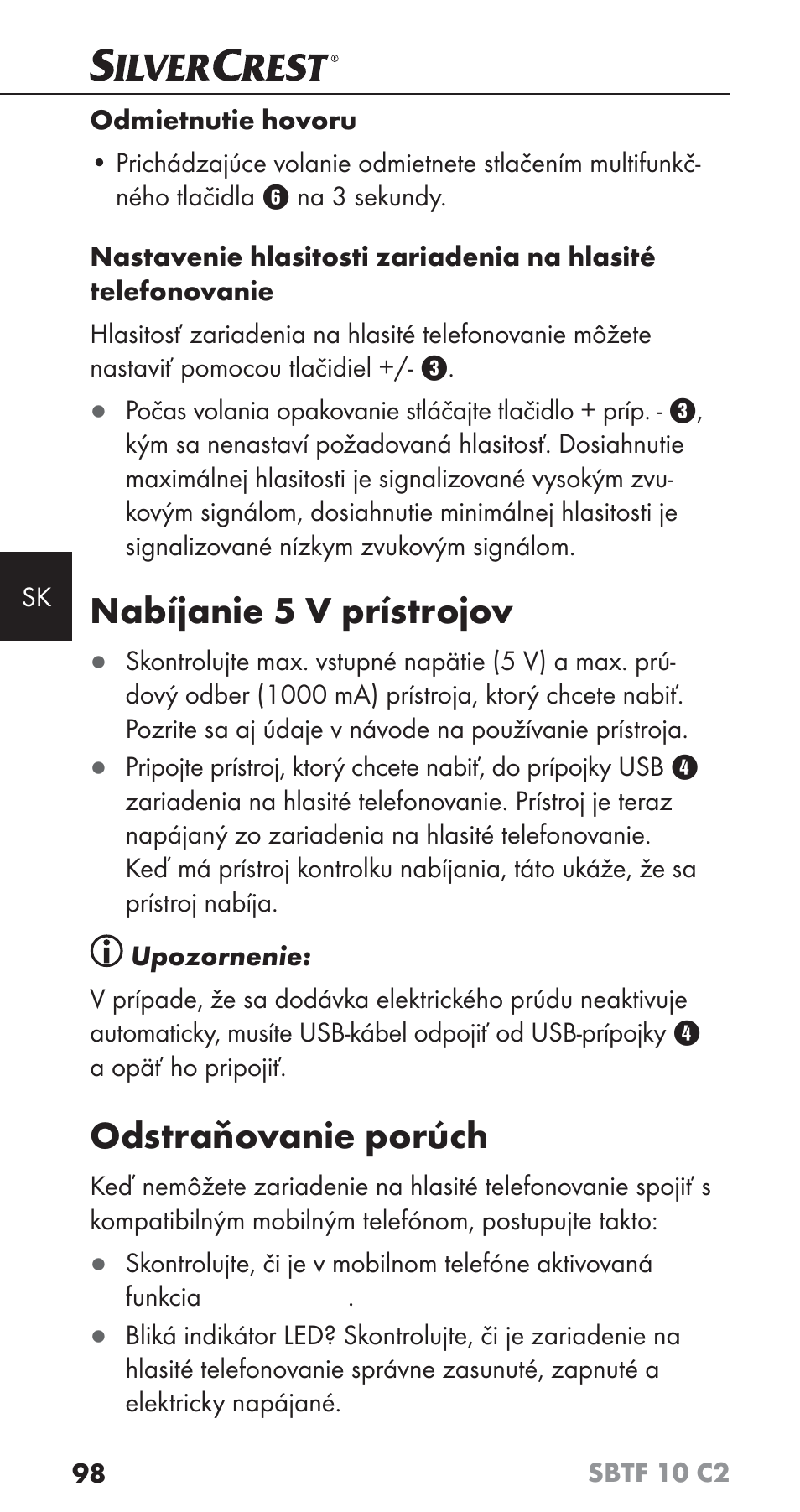 Nabíjanie 5 v prístrojov, Odstraňovanie porúch | Silvercrest SBTF 10 C2 User Manual | Page 101 / 126