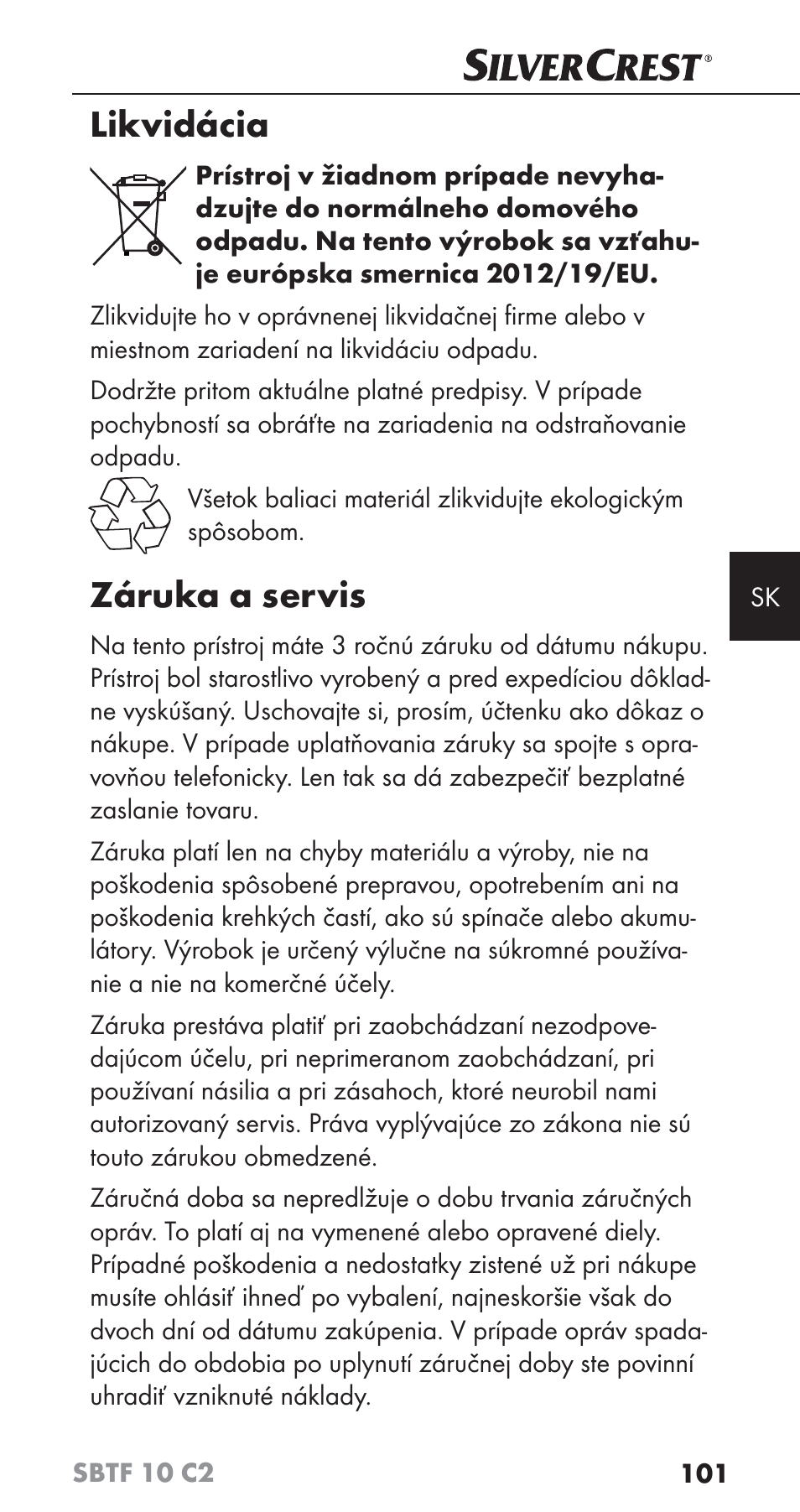 Likvidácia, Záruka a servis | Silvercrest SBTF 10 C2 User Manual | Page 104 / 126